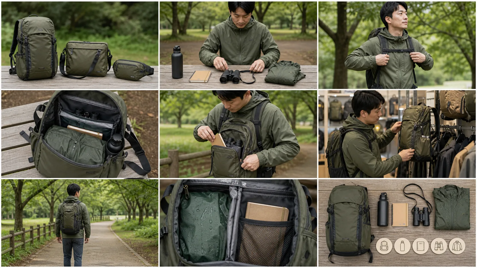 バッグの中でノート、双眼鏡、飲み物、雨具を分けて収納した例