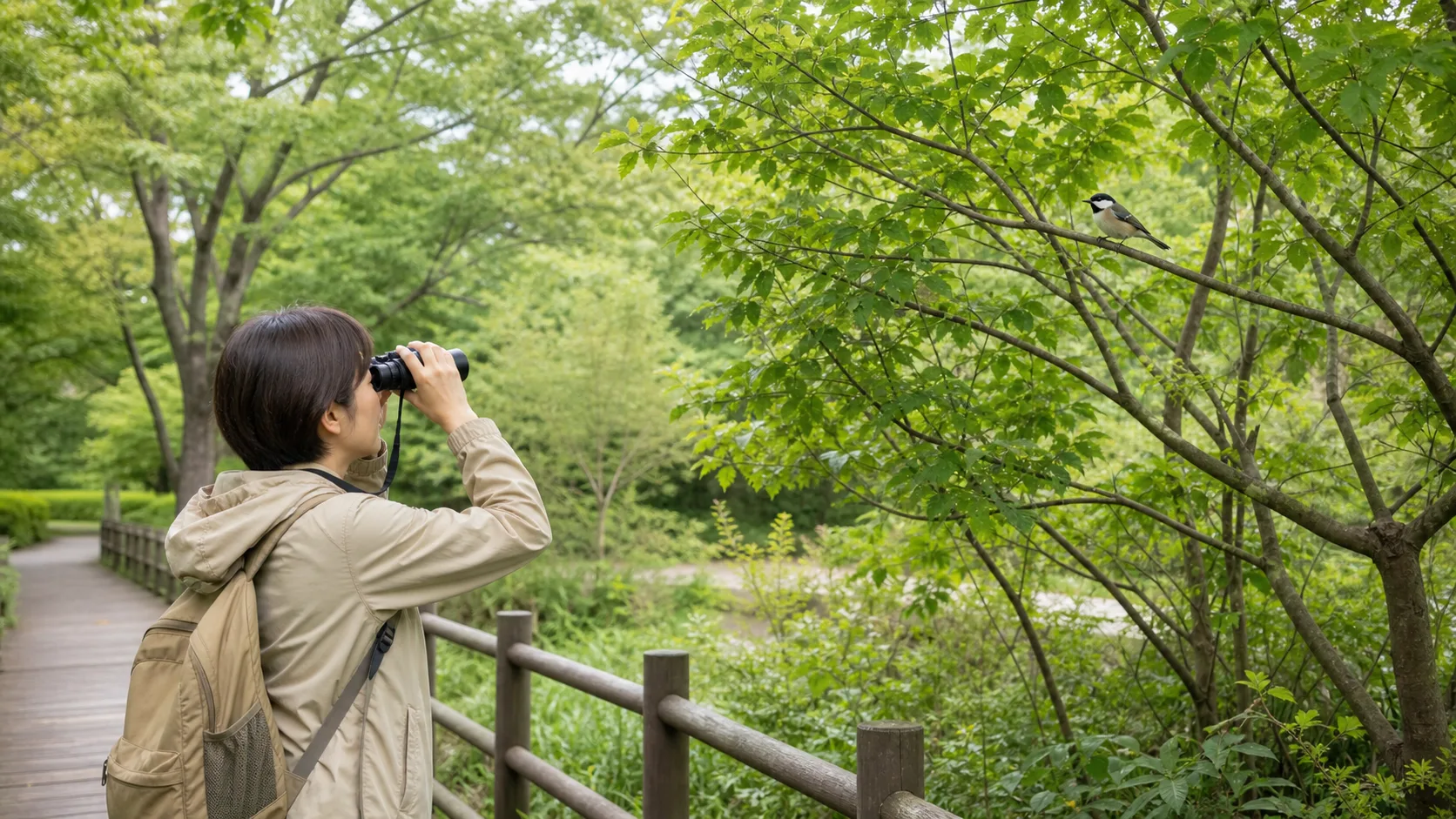 管理された木道で立ち止まり、首から下げた双眼鏡を使って野鳥を見る人