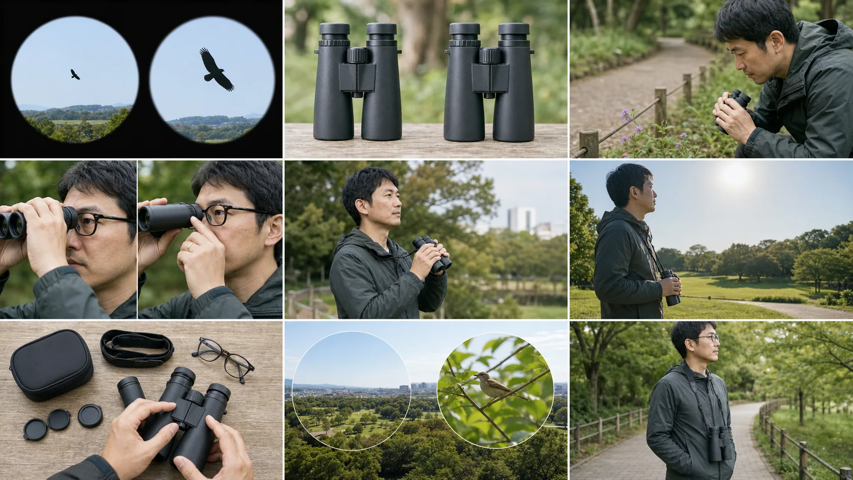 8倍と10倍を想定し、同じ野鳥が異なる大きさで見える範囲を並べた例