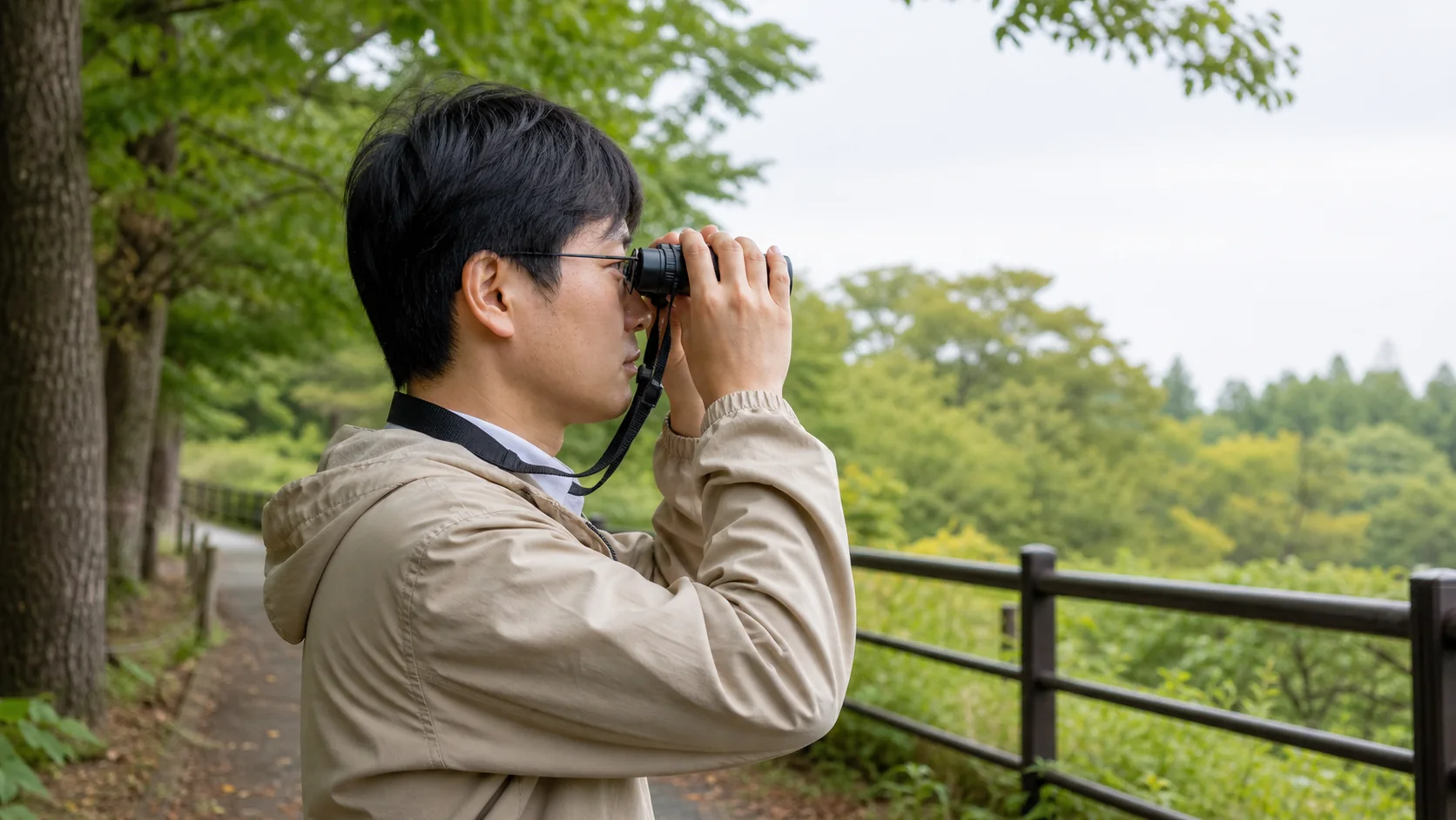 メガネをかけた人が公園の園路で立ち止まり、双眼鏡を目元へ当てて木立を見る様子
