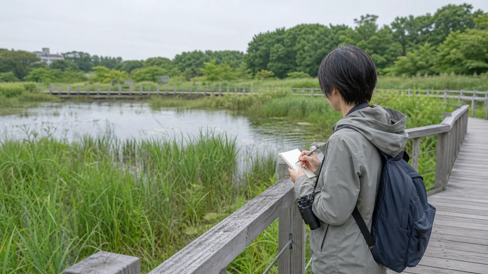 木道から湿地を見渡し、ノートに観察内容を記録する人