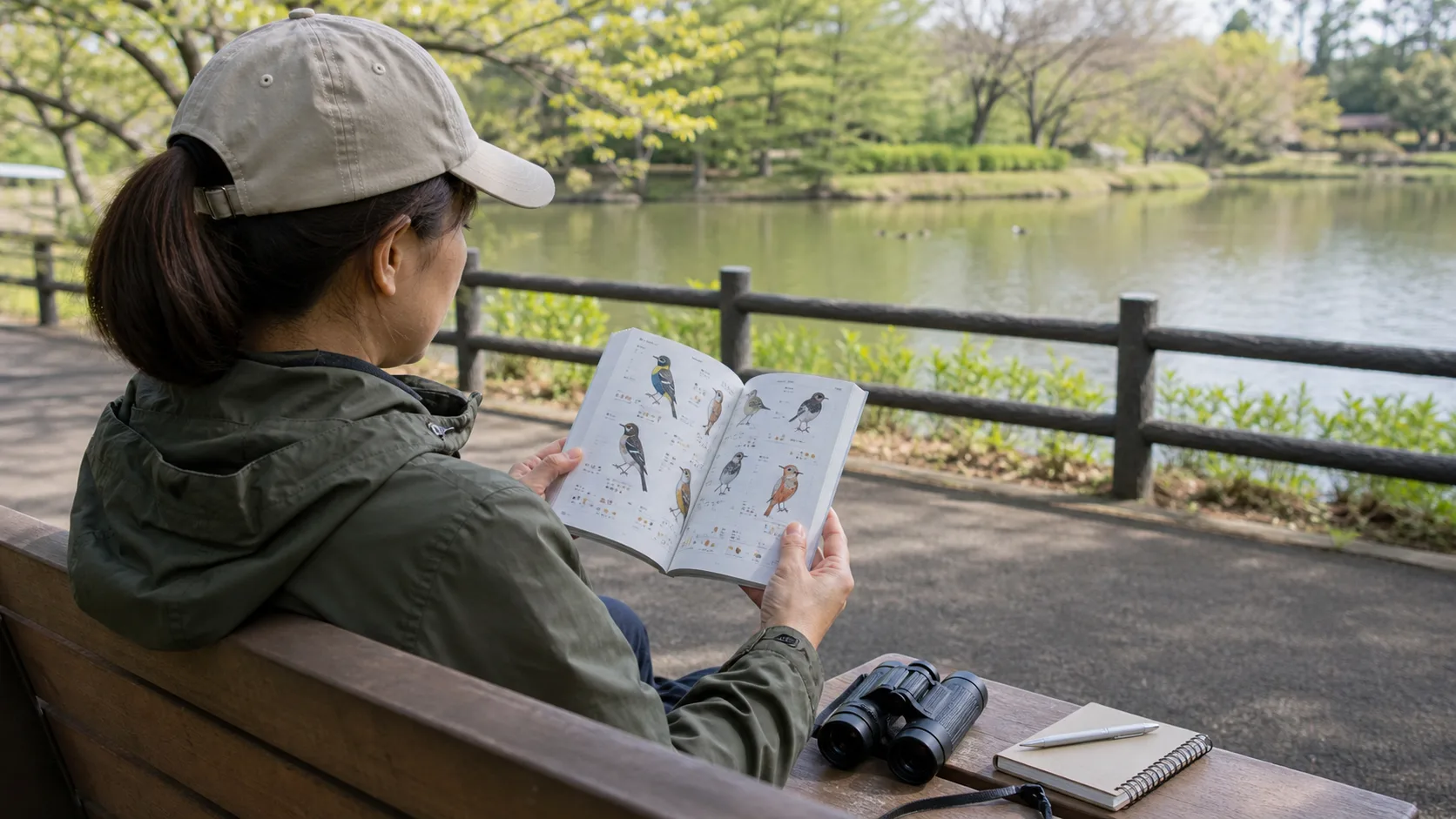 池のそばのベンチで携帯用の野鳥図鑑を開き、双眼鏡と観察ノートを置く人