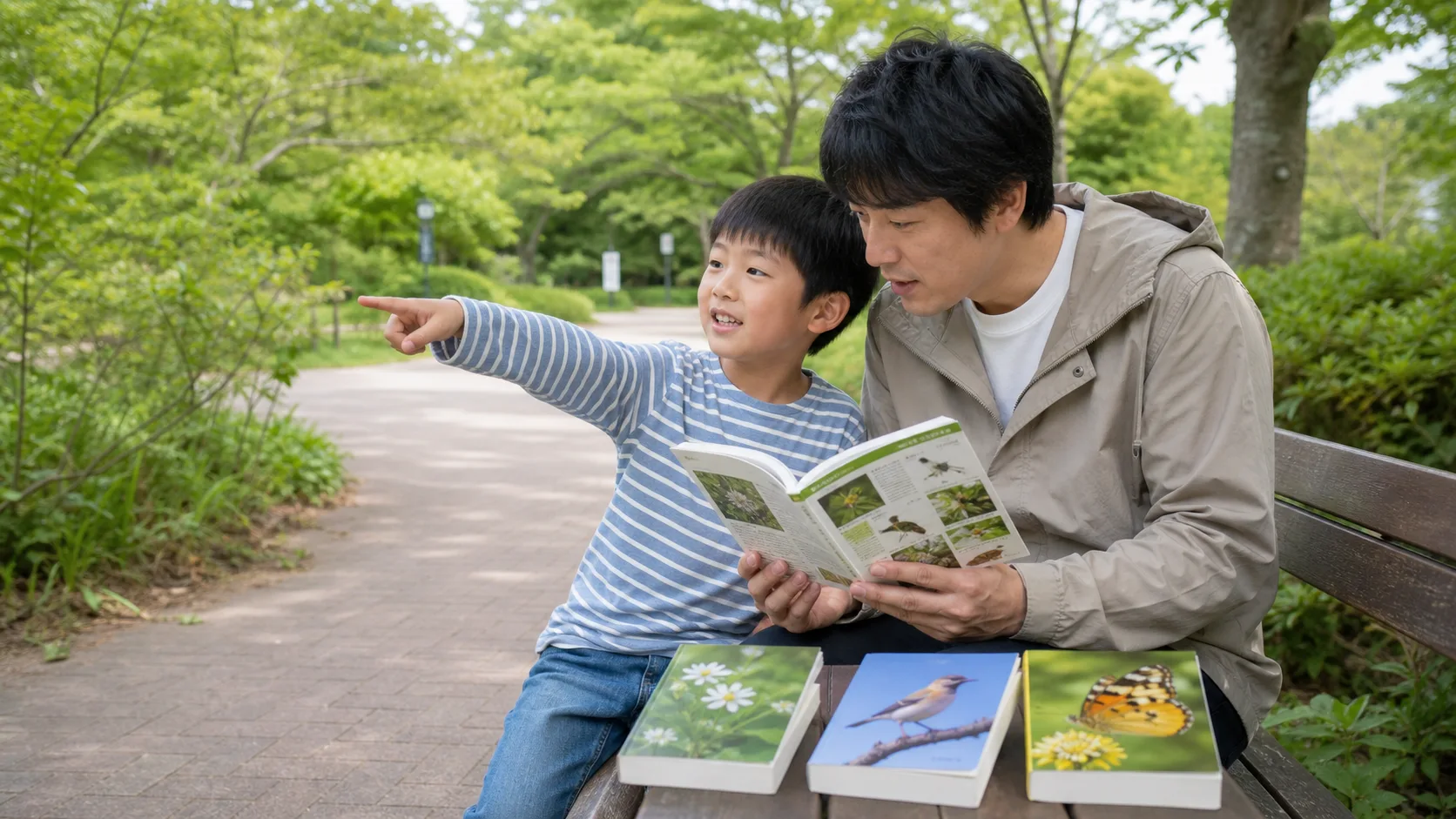 公園のベンチで子どもが自然を指し、大人と一緒に携帯図鑑を開く場面