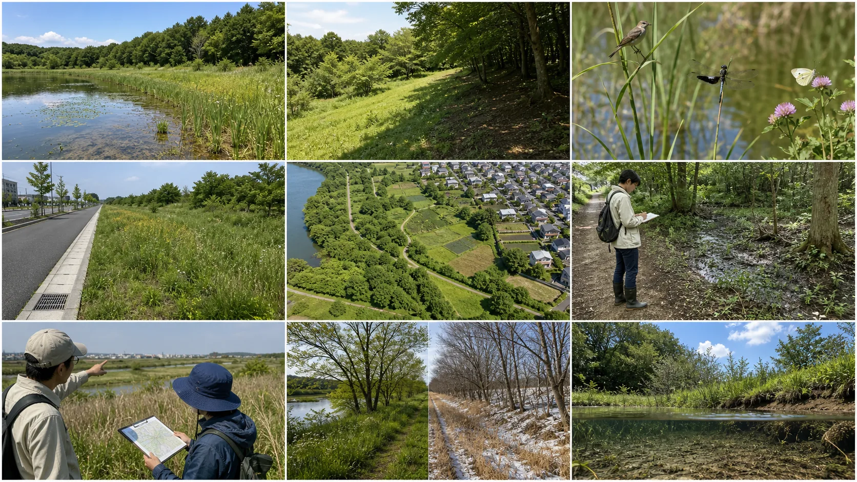 池から草地と森林へ緩やかに移り変わる環境