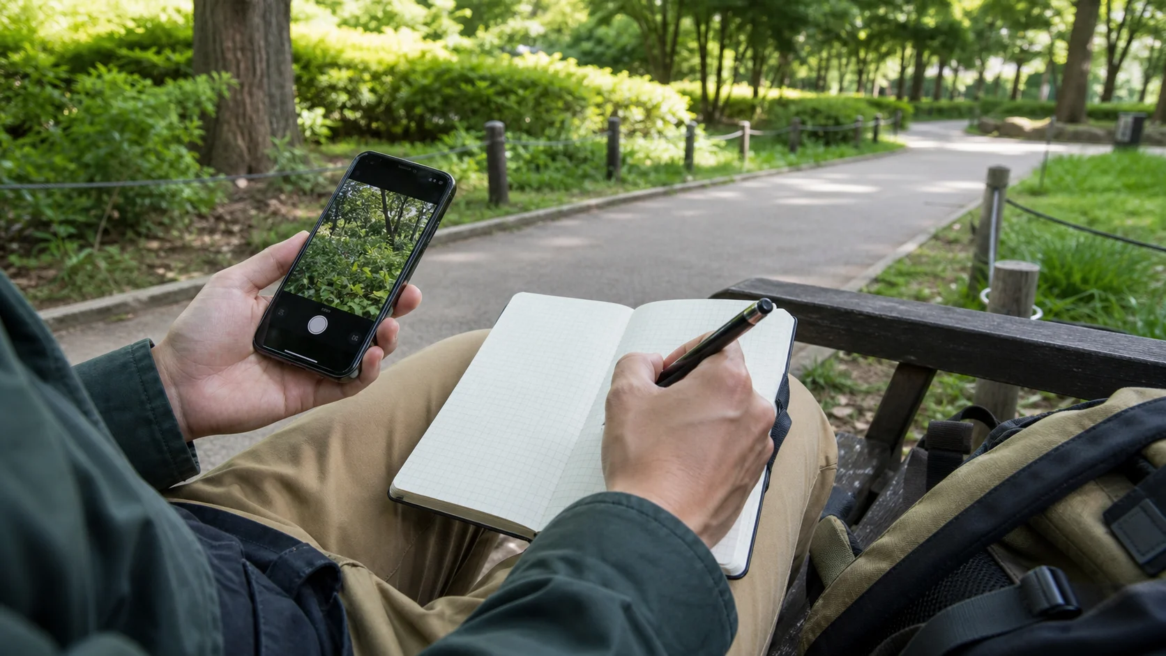 公園のベンチで片手にスマートフォン、もう片方の手に鉛筆を持ち、方眼ノートへ記録する様子