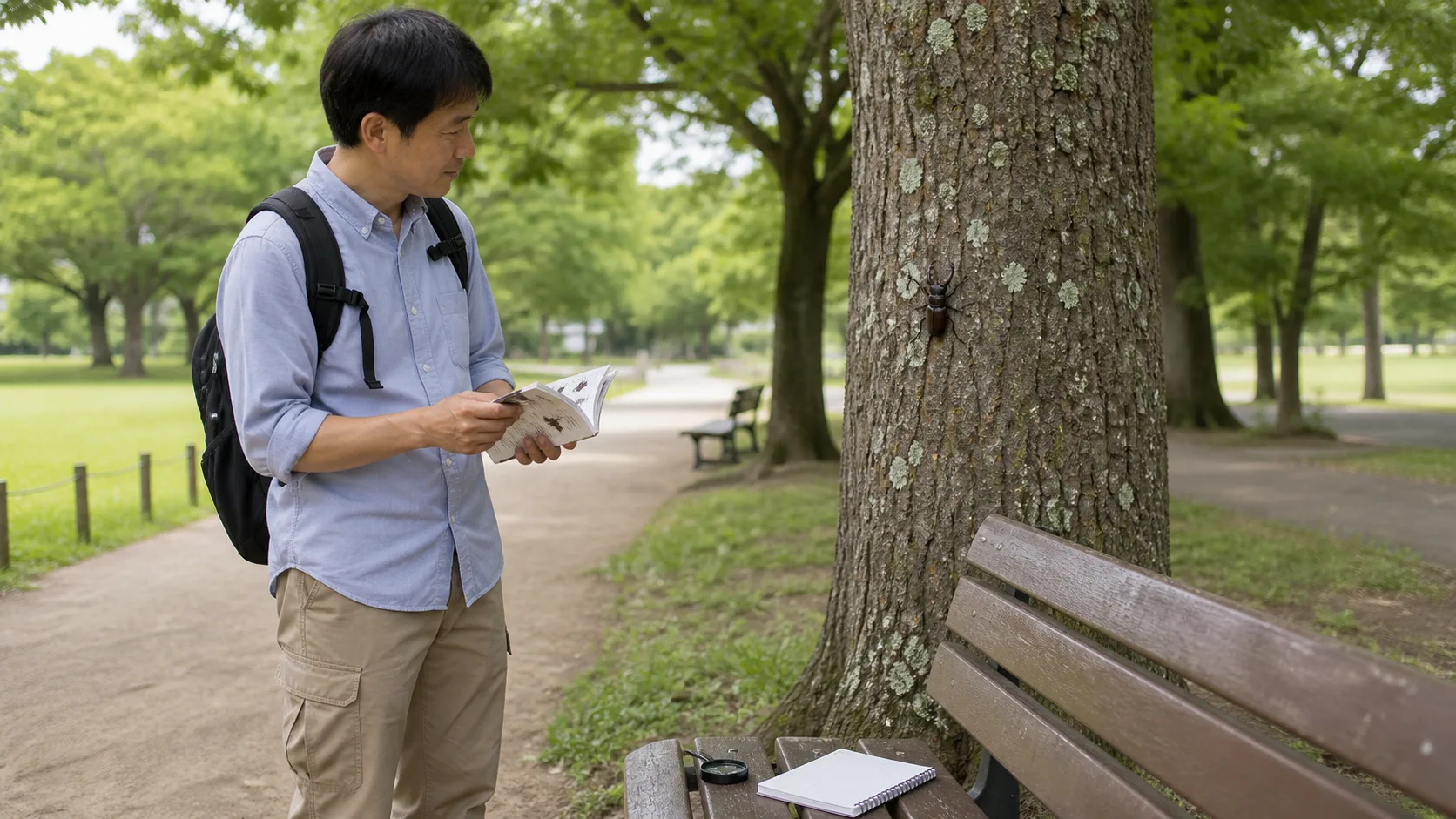 公園の園路から木にいる昆虫を携帯図鑑で調べ、ベンチにルーペとノートを置く人