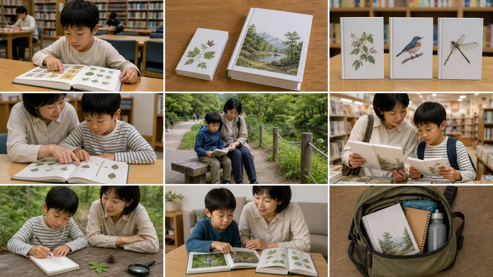 子どもが植物図鑑の写真を指し、大人と葉の形を見比べる様子