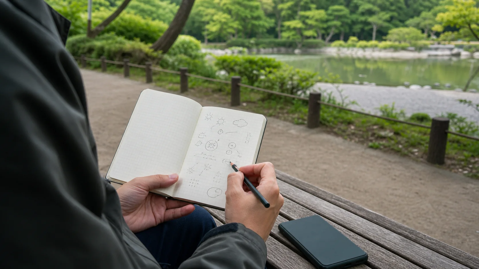 公園のベンチに置いた方眼ノートへ、簡単な形と矢印を鉛筆で書く人