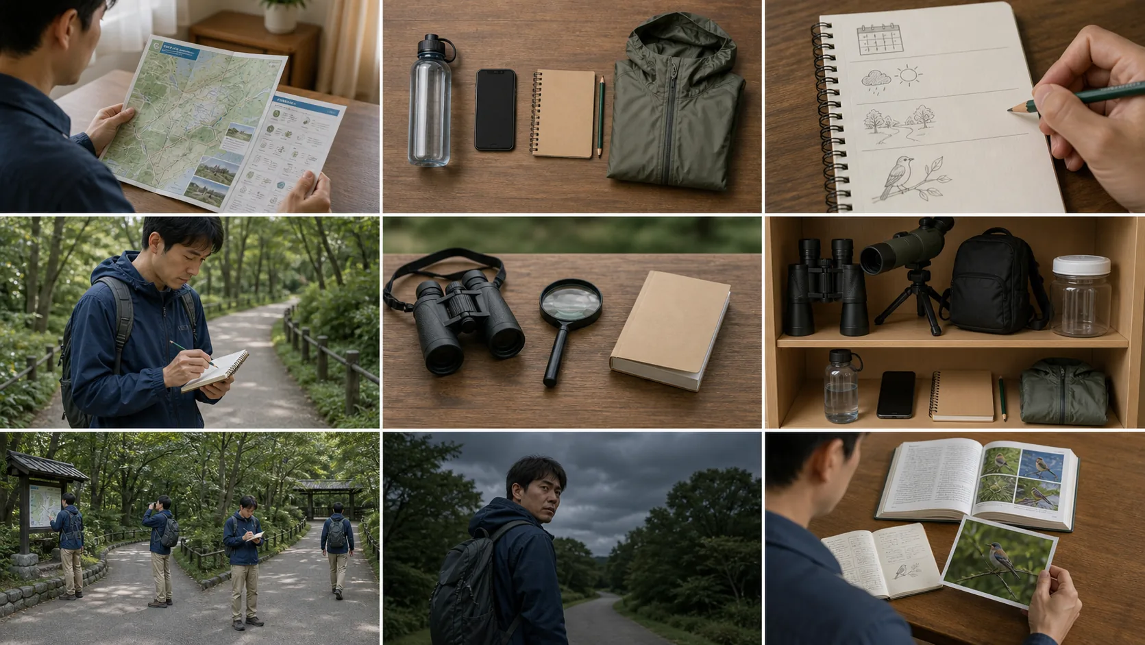 飲み物、スマートフォン、小さなノート、鉛筆、薄手の雨具を机に並べた例