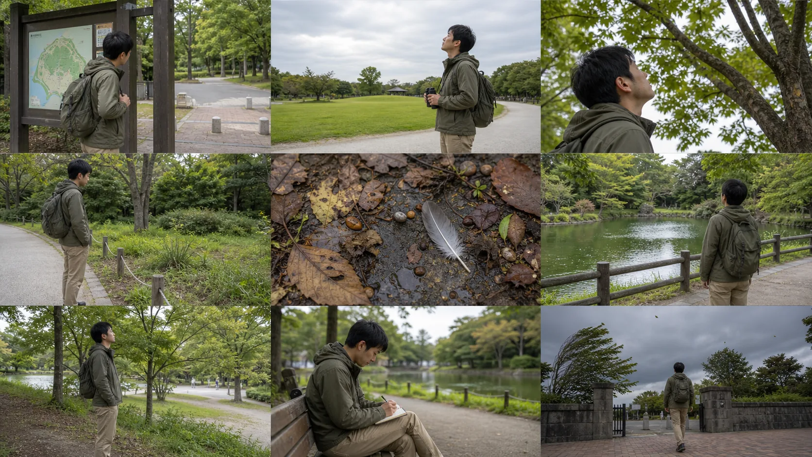 公園の入口で園内図と足元を確認する人