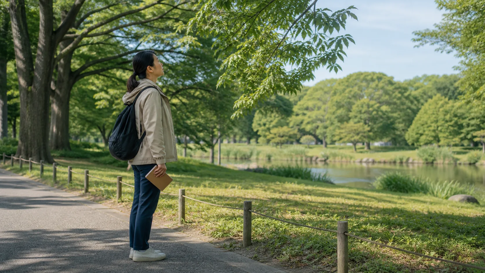 公園の案内図に近い園路で立ち止まり、木の枝から草地、水辺へ視線を移す人
