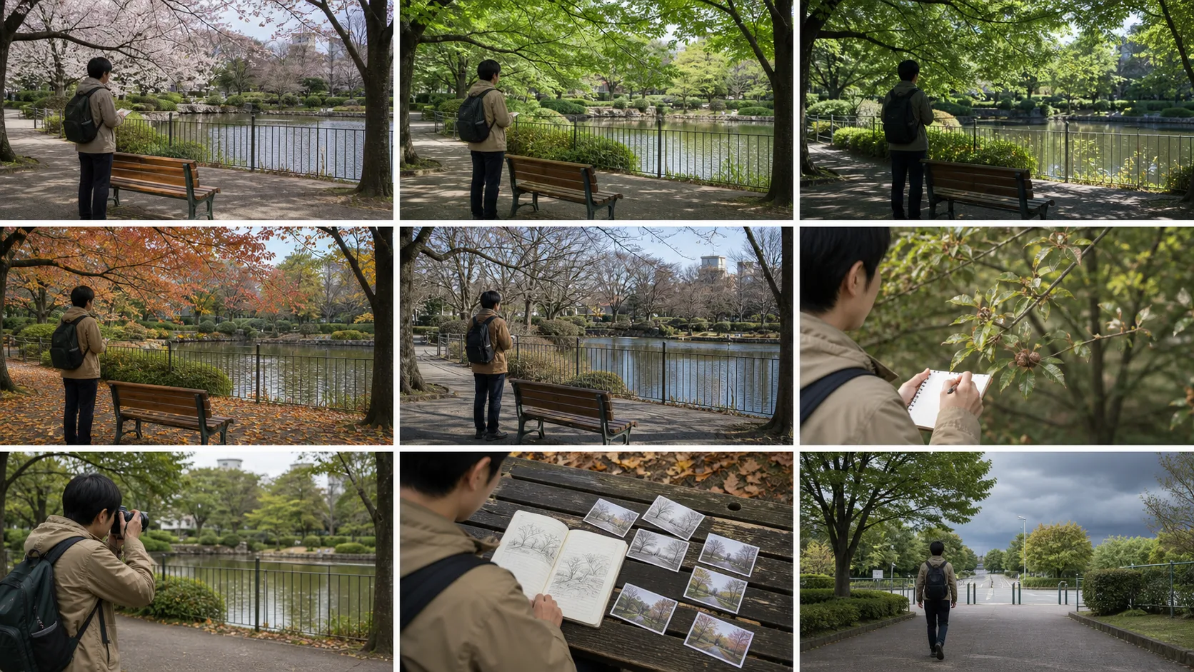 春の公園で池と木が見える同じ観察場所を選ぶ人