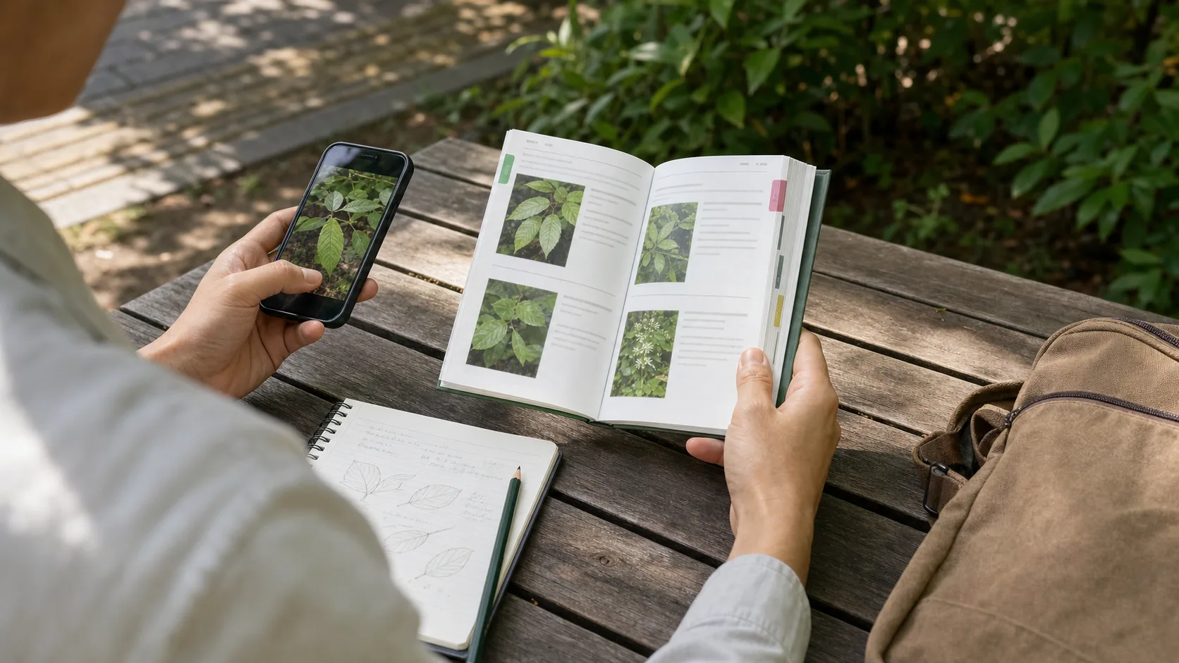 公園のベンチで植物の写真と観察メモを携帯図鑑の見開きと照らし合わせる様子