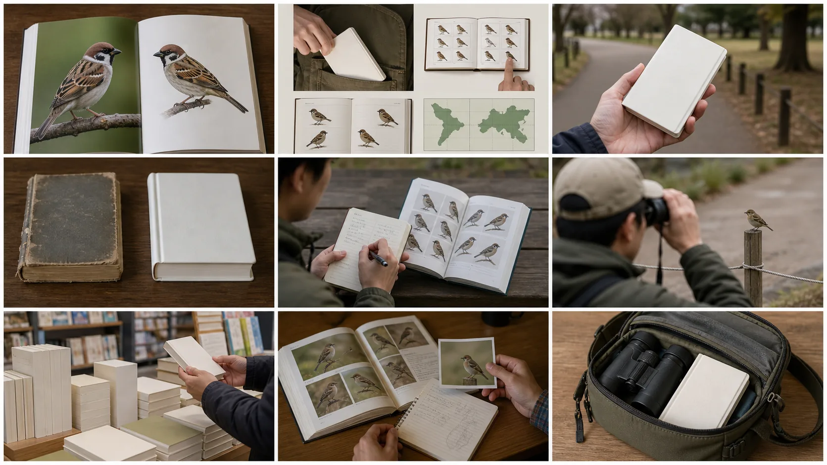 双眼鏡で見た鳥の特徴をノートへ書き、携帯用の鳥図鑑と照らし合わせる様子
