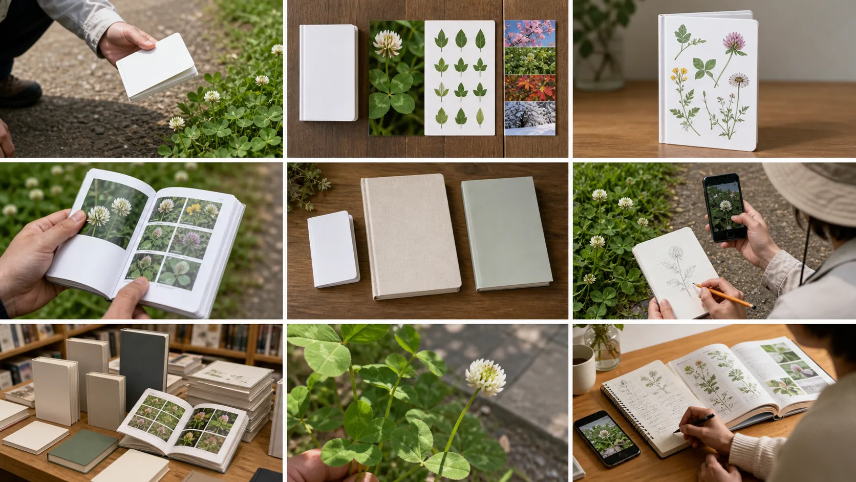 植物を動かさずにスマートフォンで撮影し、葉の形をノートへ描く様子