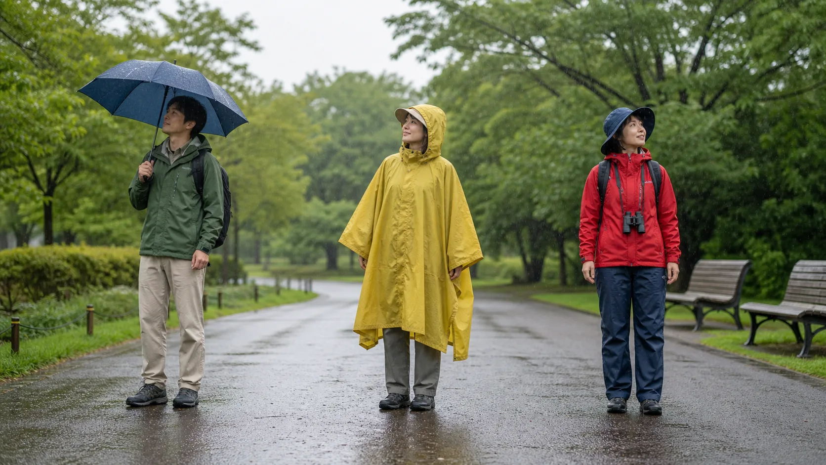 小雨の公園で、傘、ポンチョ、上下分離型レインウェアを着た三人が舗装路を歩く様子