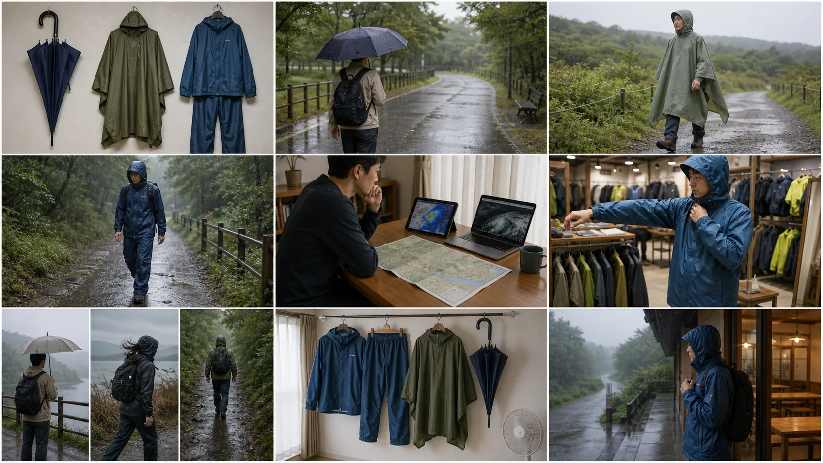 雨の中で建物の軒下へ移動し、濡れた雨具を脱ぐ準備をする様子