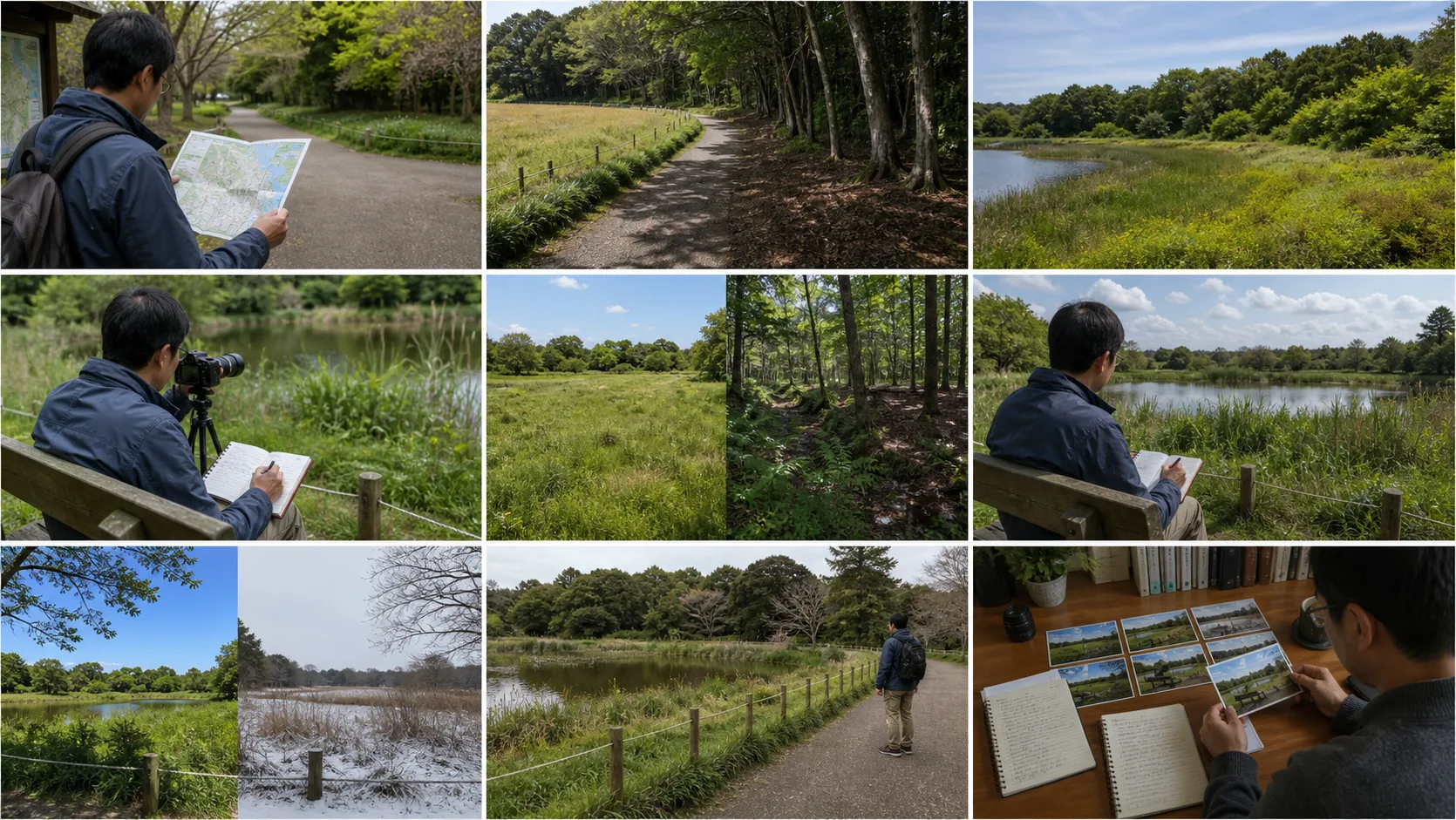 公園の入口で短い観察範囲を地図から決める人